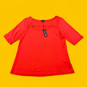 Preppy Artsy Cable & Gauge Red Short Sleeve Mod T-Shirt Blouse XL